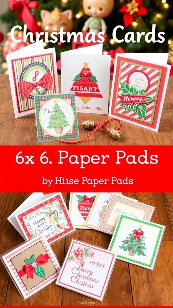Handmade Christmas cards from 6x6 paper pads with festive designs on a wooden table.